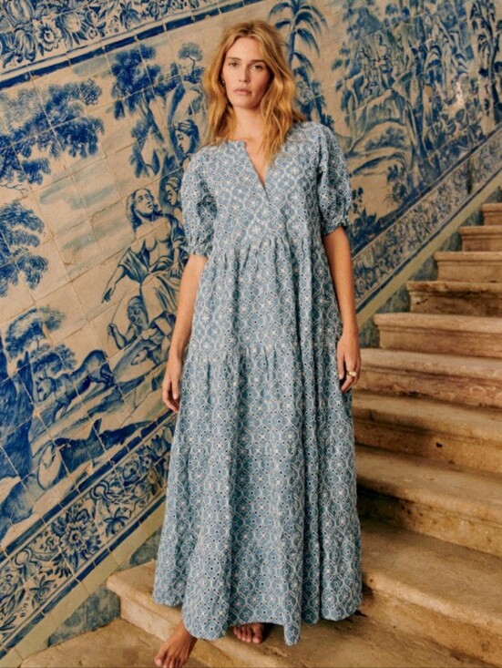 Sezane Dresses & Skirts - NWT Sezane Mayla in Blue Ecru Embroidered Eyelet Maxi Dress 38 / US 6
